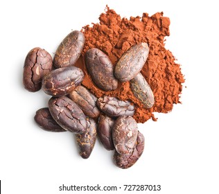 Tasty cocoa powder and beans isolated on white background.
