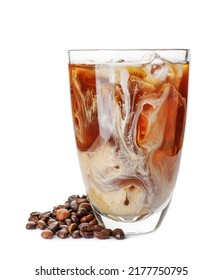 Tasty Cold Brew In Glass And Coffee Beans On White Background