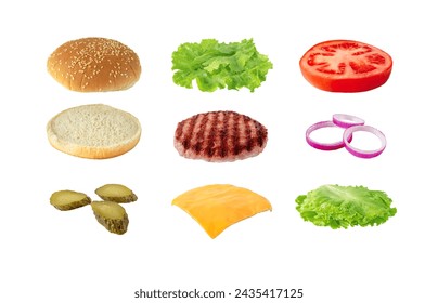 Tasty colorful sandwich ingredients isolated on white. Hamburger with patty of ground beef meat, cheese, lettuce, tomato, onion, 
pickles and bun with sesame seeds. Burger recipe concept.  - Powered by Shutterstock