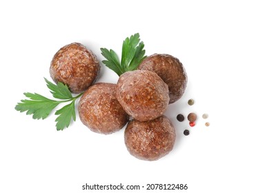 Tasty Cooked Meatballs With Parsley On White Background, Top View