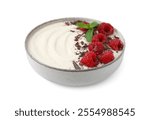 Tasty cooked semolina porridge with raspberries, chocolate and mint isolated on white