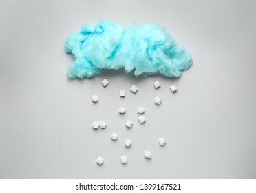 Tasty Cotton Candy Cloud With Sugar Cubes On Grey Background