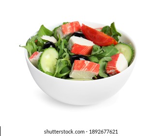 Tasty Crab Stick Salad In Bowl Isolated On White