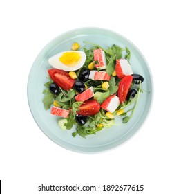 Tasty Crab Stick Salad Isolated On White, Top View