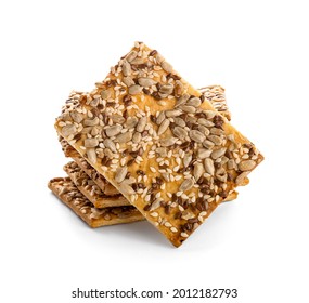 Tasty crackers with seeds on white background