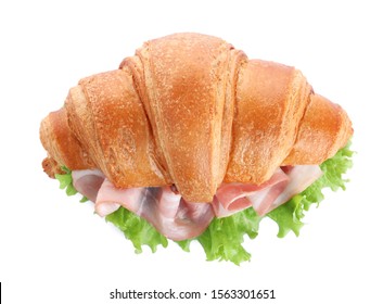 Tasty Croissant Sandwich With Ham Isolated On White, Top View