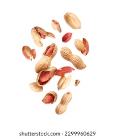 Tasty crushed peanuts in the air isolated on a white background