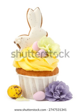 Tasty cupcake with Easter decor isolated on white