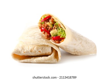Tasty cut burrito on white background