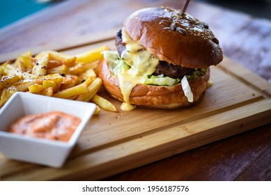 tasty delicious home made burgers with french fries