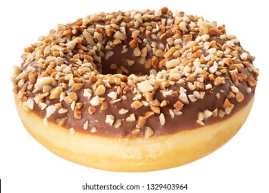 Tasty Donut dessert with frosted chocolate glaze and nuts sprinkles isolated on white background. Sweet food concept with one round chocolate doughnut cake for your design and print. - Powered by Shutterstock