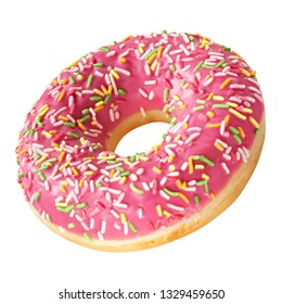 Tasty Donut dessert with frosted coral color glaze and colorful sprinkles isolated on white background. Sweet food concept with one round pink doughnut cake for your design and print. - Powered by Shutterstock