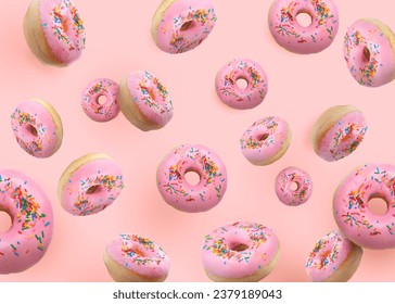 Tasty donuts decorated with sprinkles falling on pink background