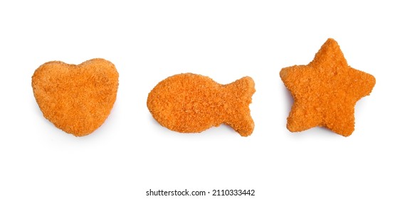 Tasty fish nuggets on white background
