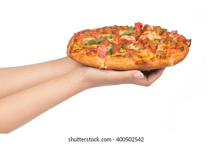 Tasty Flavorful Pizza On Hand Isolated On White Background