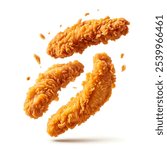 Tasty flying fried chicken strips on isolated white background