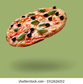 Tasty Flying Pizza With Olives On Color Background