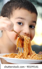 Tasty Food, Messy Child Eating Spaghetti
