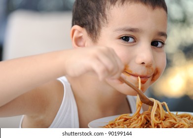 Tasty Food, Messy Child Eating Spaghetti