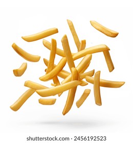 Tasty French fries flying in air, isolated on white background. Potato chips floating. 