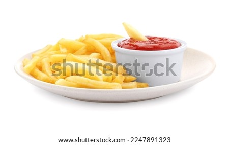 Tasty french fries with ketchup isolated on white