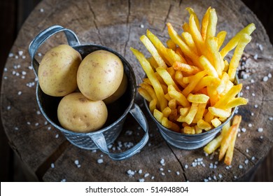Tasty french fries with salt made of fresh potato