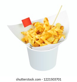 Tasty French Fries In White Cup With Cheese Sauce Isolated On White Background. Deep Fry Potato Or Appetizer. ( Clipping Path )