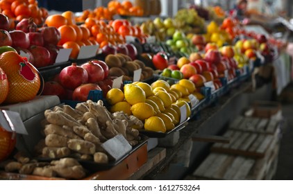 Tasty Fresh Fruits On Counter At Wholesale Market