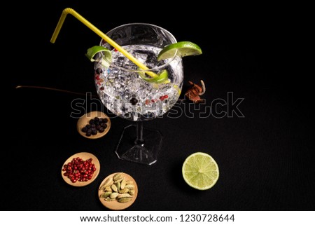 tasty and fresh gin and tonic cocktail on a black background next to your ingredients
