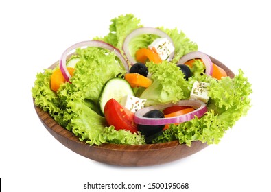 Tasty Fresh Greek Salad On White Background