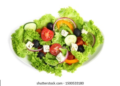 Tasty fresh Greek salad on white background, top view - Shutterstock ID 1500533180