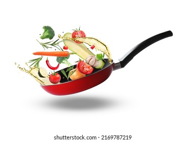 Tasty fresh ingredients and frying pan on white background - Shutterstock ID 2169787219