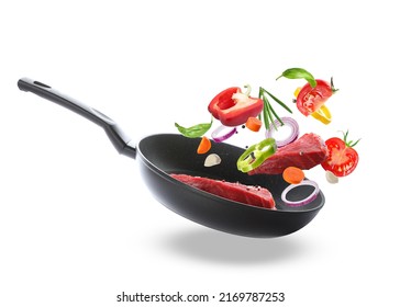 Tasty fresh ingredients and frying pan on white background - Shutterstock ID 2169787253