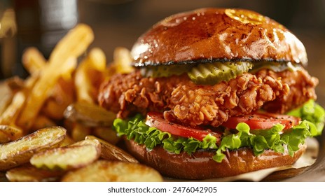 Tasty Fried Chicken Sandwich with Potato Wedges for your background bussines, poster, wallpaper, banner, greeting cards, and advertising for business entities or brands. - Powered by Shutterstock