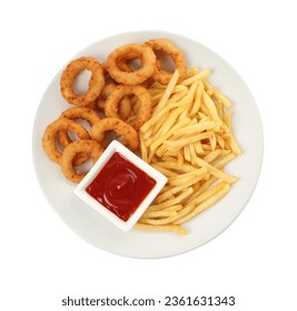 Tasty fried onion rings and french fries with ketchup on white background, top view - Powered by Shutterstock