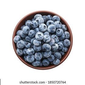 Tasty Frozen Blueberries In Bowl Isolated On White, Top View