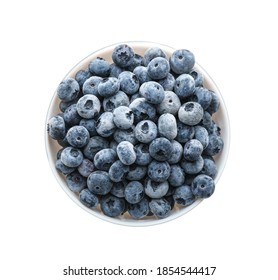 Tasty Frozen Blueberries In Bowl Isolated On White, Top View