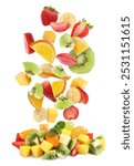 Tasty fruit salad. Fresh ingredients falling on white background