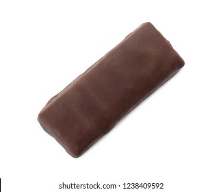 Tasty Glazed Protein Bar On White Background, Top View