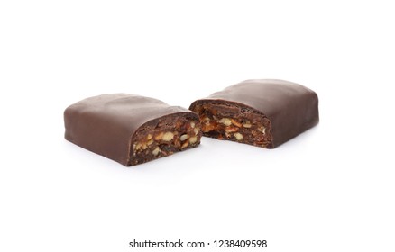 Tasty Glazed Protein Bar On White Background