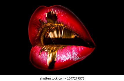 Tasty Golden Lips. Shiny Sexy Mouth. Expensive Makeup, Rich Life. Mouth Icon On Black Background. Lips Full Shape. Fashion Isolated Woman.