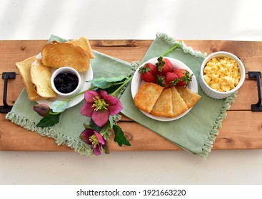 Tasty Gourmet Classic American Breakfast Room Service With Bacon, Eggs, Toast, Fruit, Mimosa. Top View, Photo Concept, Background, Copy Space