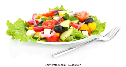 Tasty Greek Salad Isolated On White