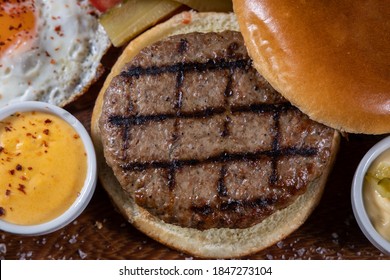 Tasty Grilled Burger With Ingredients. Delicious Burger Top Down View