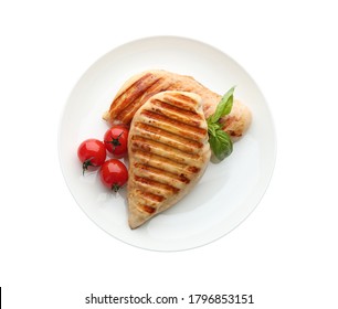 Tasty Grilled Chicken Fillets With Tomatoes And Basil Isolated On White, Top View