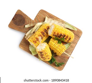 Tasty Grilled Corn Cobs With Parsley On White Background, Top View