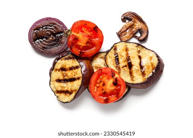 Tasty grilled eggplant, onion, mushroom and tomato on white background