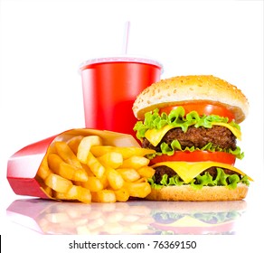 Tasty hamburger and french fries on a white background - Powered by Shutterstock