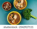 Tasty and healthy hot chicken broth, soup. Food, soup, chicken, vegetables, hot.