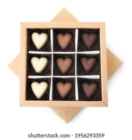 Tasty Heart Shaped Chocolate Candies In Box Isolated On White, Top View. Valentine's Day Celebration